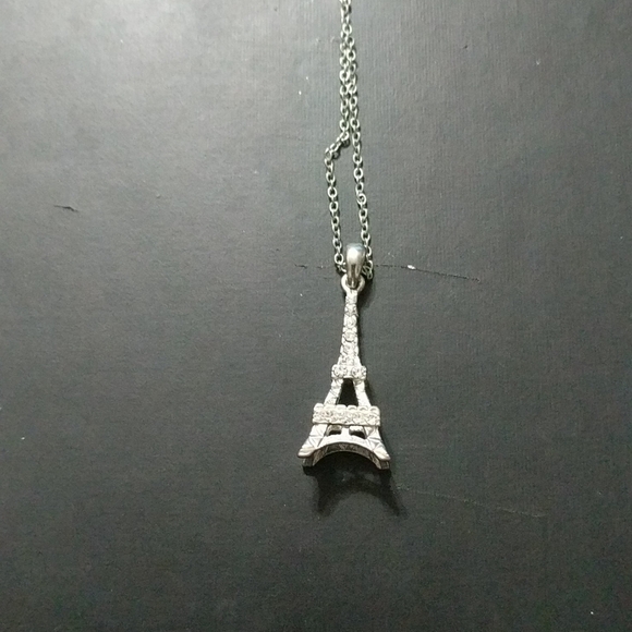Silver Tone Clear Rhinestone Eiffel Tower Pendant Statement Necklace - Picture 1 of 2